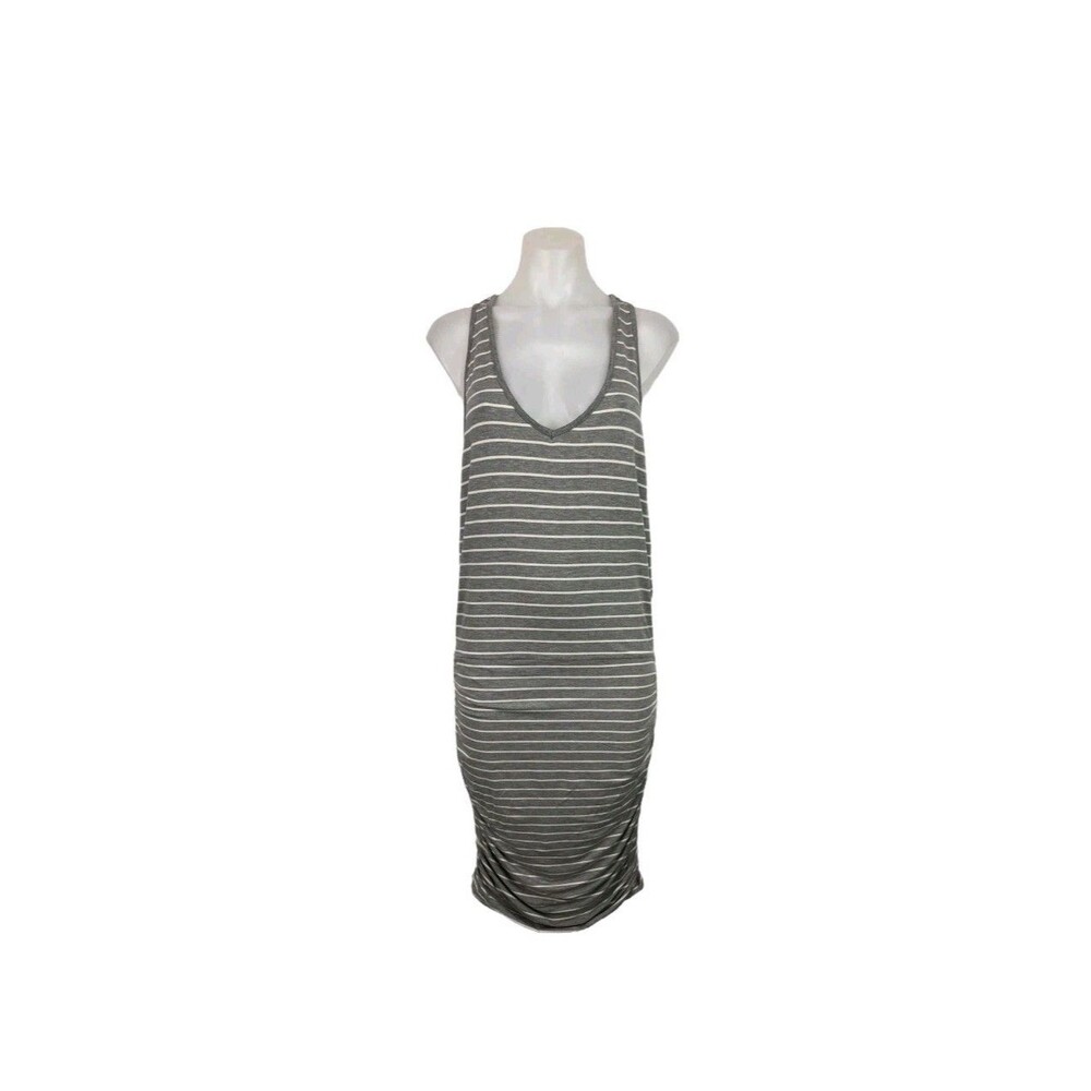 ATHLETA Dress Women Size LP Racerback Sleeveless Gray White Striped Ruched
